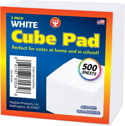 Hygloss Note Paper Cube - 3" Square Non-Sticky Memo Pad - 500 Sheets in White Color - Note Cubes - Perfect for Office & School Supplies - Not Sticky