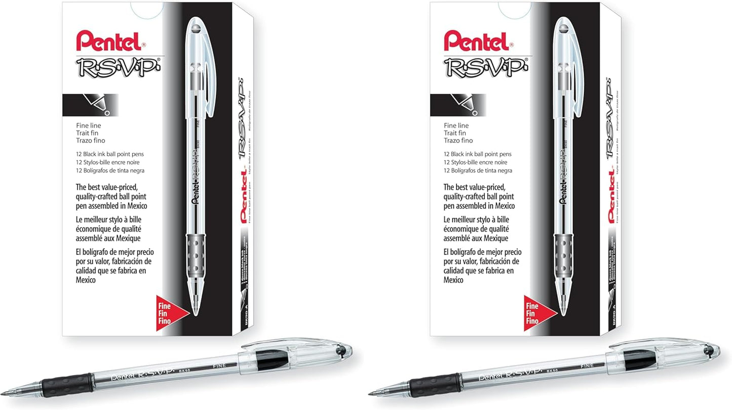 Pentel RSVP Ballpoint Pen, Fine Line, (0.7mm), Black Ink (BK90-A) (Pack of 1, 12 Count Total)