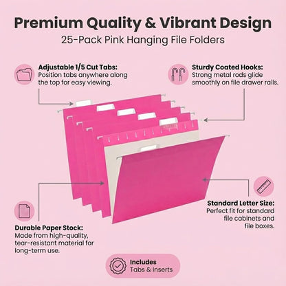 VZCPYTPM 25 Pack Hanging File Folders Letter Size,Pink Reliable Hanging Folders for Filing Cabinet,Reinforced Rods for Smooth Gliding,Includes 1/5 Adjustable Tabs & Inserts,Ideal for Home & Office