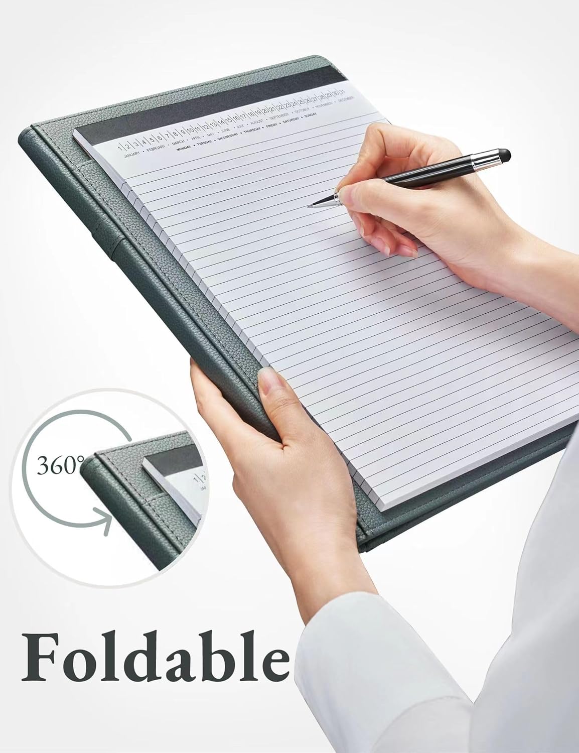 Mymazn Padfolio Portfolio Folder, Faux Leather Interview Resume Folder with Document Organizer & Business Card Holder, Letter-Sized Notepad Legal Pad Holder for Men Women (Sage Green)