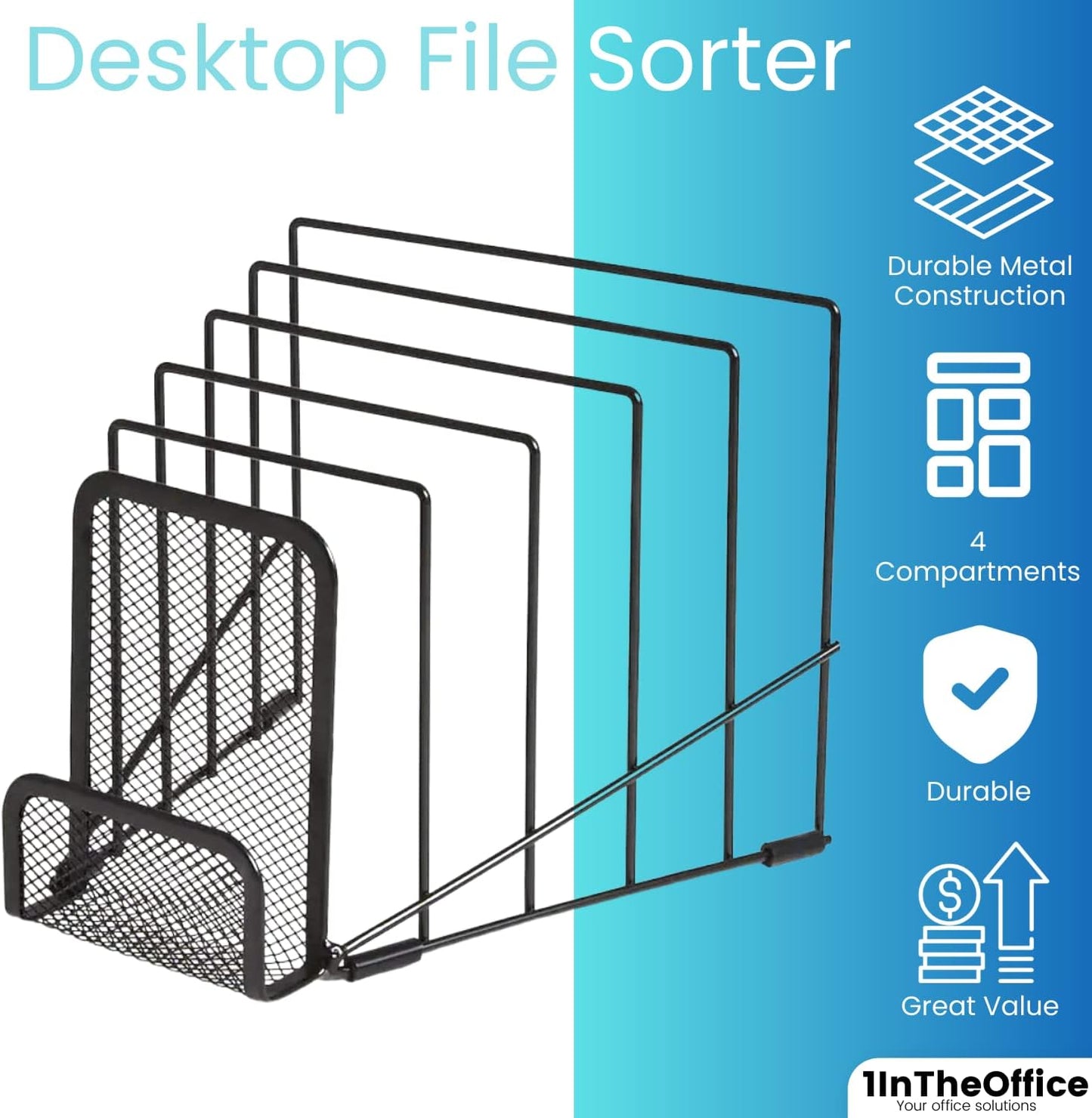 1InTheOffice Metal Incline Desktop File Sorter, Black Wire Mesh Step Sorter, 6 Compartments