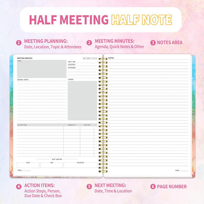 SUNEE Half Meeting Half Note - 7.5"x10" Professional Notebooks for Work - 160 Pages, B5 Size Project Planner, Spiral Meeting Agenda/Minutes Organizer for Women Men, Note Taking, Office & Business