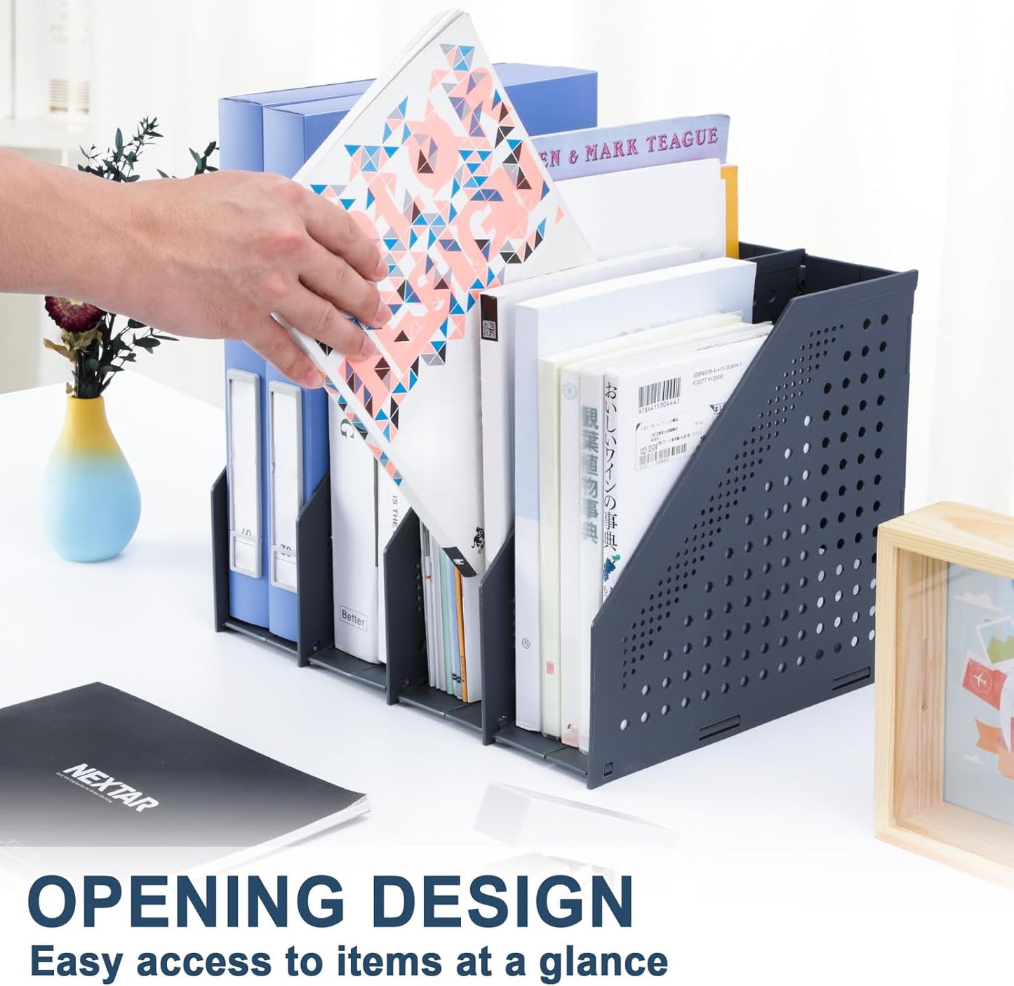 FRETONBA Collapsible Magazine File Holder with 2 Vertical Compartments Foldable Binder Holder for Desk Binder Storage Organizer Plastic Magazine Holders for Shelf, Light Gray