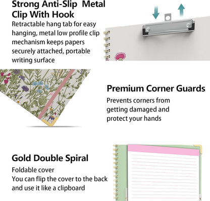 Clipboard Folder with Notepad Refillable Lined for Letter Size (11" x 8.5"), 5 Dividers with Storage 10 Pockets, Cute Spiral Foldable Clipboard with Metal Clip School Office Supplies (Sunflowers)