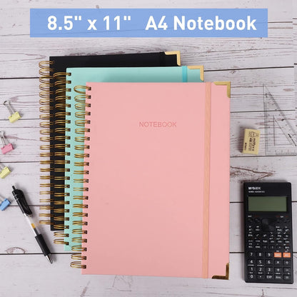 Spiral Notebook, College Ruled Notebook Journal, 7” x 10”, 300 Pages Leather Writing Journal for Women Men, B5 Hardcover Notebook for Work School, 24pcs Index Tabs, Light Blue