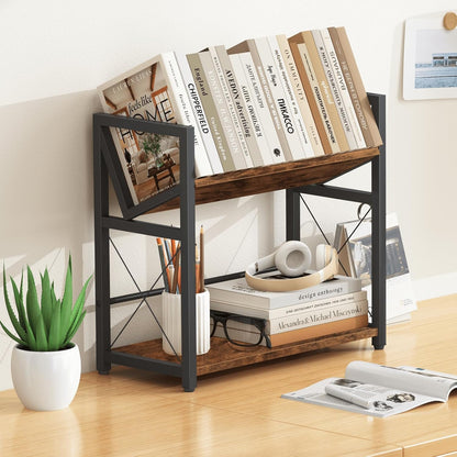 ELITEROO Desktop Bookshelf, 2 Tier Desk Shelf Organizer, Wooden Tabletop Bookcase, Small Desk Top Book Rack for Office, Home, Bedroom, Small Space Storage and Display, Rustic Brown