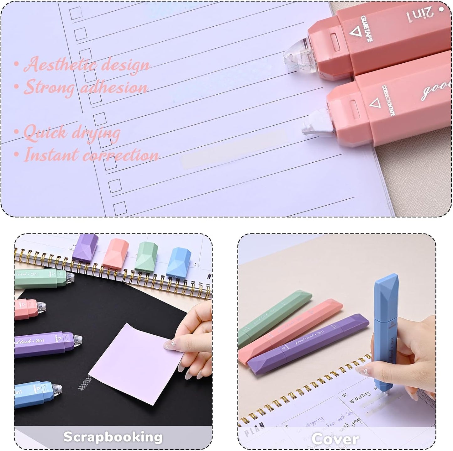 Temiary 4 Pcs 2 in 1 White Correction Tape and Double Sided Roller Set, Aesthetic Smooth Pull Out Tapes with Adhesive Glue Tape Roller Runner for School Office Supplies (Pink)