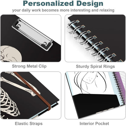 Hongri Clipboard Folio with Refillable Lined Notepad, 8.5 x 11 Folders with Storage 10 Pockets, Spiral Portfolio, Size 12.8X 9.7 in, Office & School Supplies, Skeleton
