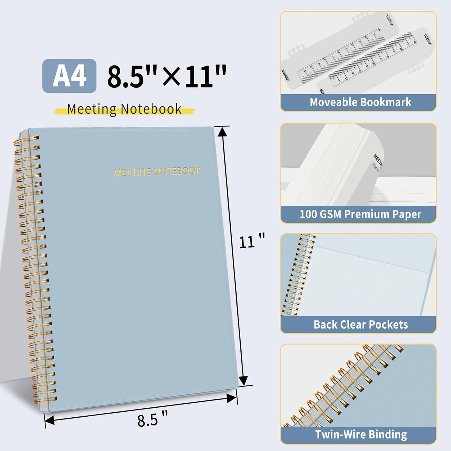SUNEE Half Meeting Half Note - 7.5"x10" Professional Notebooks for Work - 160 Pages, B5 Size Project Planner, Spiral Meeting Agenda/Minutes Organizer for Women Men, Note Taking, Office & Business