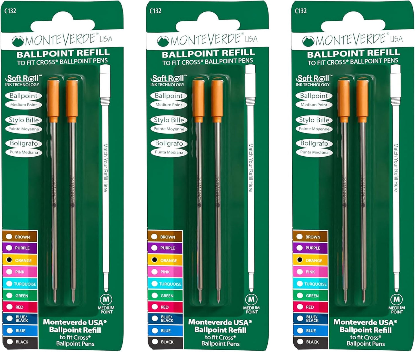 Monteverde USA Soft Ballpoint Refills to Fit Cross Pens, Medium Point, Green Ink, 2-Pack – Bold and Smooth Writing Solution