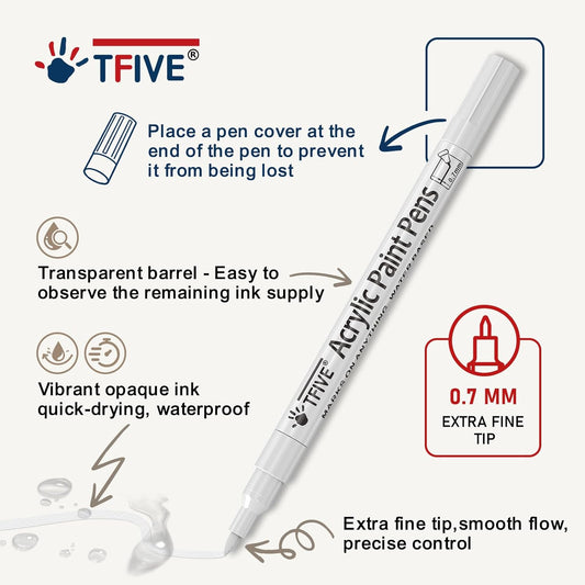 TFIVE 6 White & 6 Black Acrylic Paint Pens, Extra Fine Paint Markers - 0.7mm Extra Fine Tip Acrylic Permanent Markers for Metal, Wood, Rock, Ceramic, Glass, Plastic, Fabric, Canvas, DIY Crafts