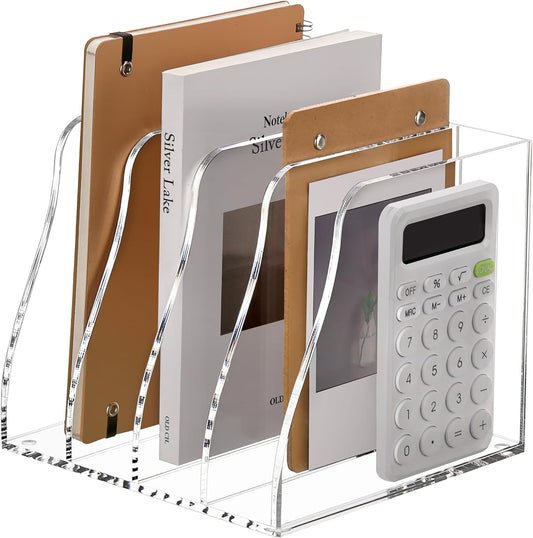 SANRUI Acrylic Desk File Organizer, 4 Vertical Compartments Clear Magazine File Holder Workspace Sorters, Folder Rack for Office Accessories Organization Storage