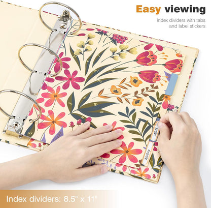 Ospelelf Binder 3 Ring 1 Inch, Floral Round Ring Clipboard Binder for Letter Size with 5 Tab Dividers, File Folder Labels, for School and Office Supplies