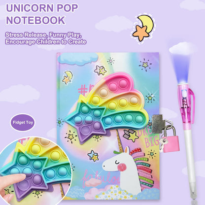 Pop Girls Diary with Lock and Invisible Ink Double-end Pen, 7.5x5.4” 160 Lined Page Fidget Colorful Heart Girls Journal for Kids Secret Notebook Pen Set Birthday Gifts for Girls 5 6 7 8 9 10 Years Old