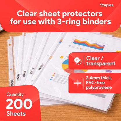 Staples Sheet Protectors, 8.5" x 11" – Top-Loading Clear Page Protectors, 2.4 Mil Standard Weight, 200-Pack