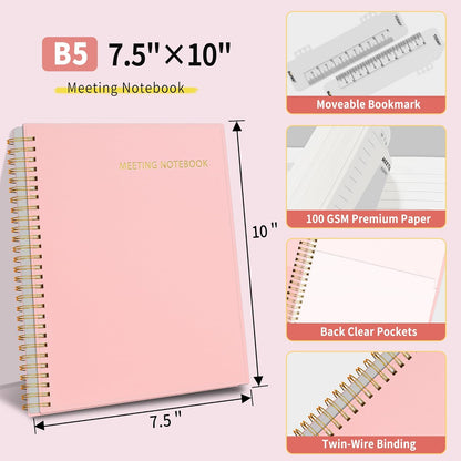 SUNEE Half Meeting Half Note - 7.5"x10" Professional Notebooks for Work - 160 Pages, B5 Size Project Planner, Spiral Meeting Agenda/Minutes Organizer for Women Men, Note Taking, Office & Business