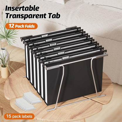 SHUTEX Extra Capacity Plastic Hanging File Folders,12 Pack Reinforced Hang Folder,Heavy Duty 1 Inch Expansion,Filing Cabinet Folders Letter Size for Bulk Files/Medical Charts, Black
