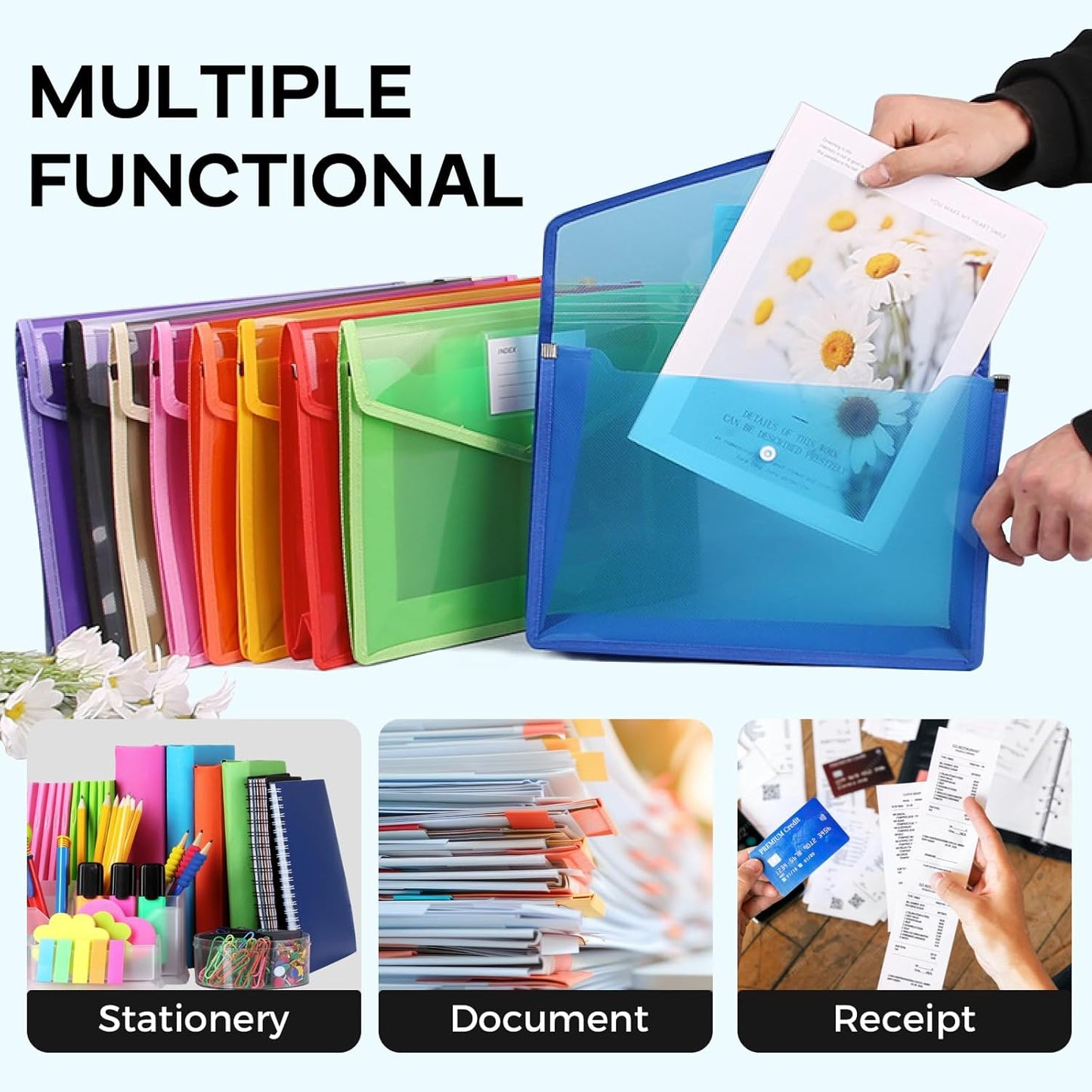 Plastic Expanding File Folder, Folders for Documents, Transparent Envelopes with Elastic Closure, File Folder Organizer Holder, Large Capacity, Fit Letter/A4 Size (2Pcs)