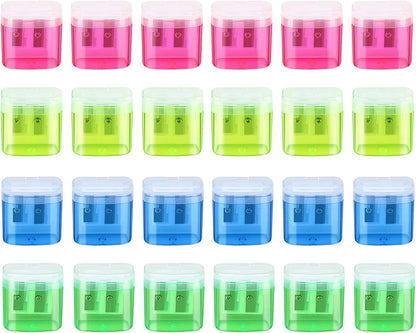 24 Pieces Pencil Sharpeners Manual Dual Holes Pencil Sharpener with Lid Portable Colorful Crayon Sharpener for Kids & Adults, School, Office, Home, Travel
