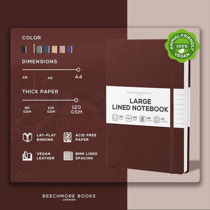 BEECHMORE BOOKS Large Lined Journal Notebook, 8.5" x 11.5" (A4) Hardcover Vegan Leather Executive Diary for Work, Thick 120gsm Paper, Lay-Flat Binding, Gift Box