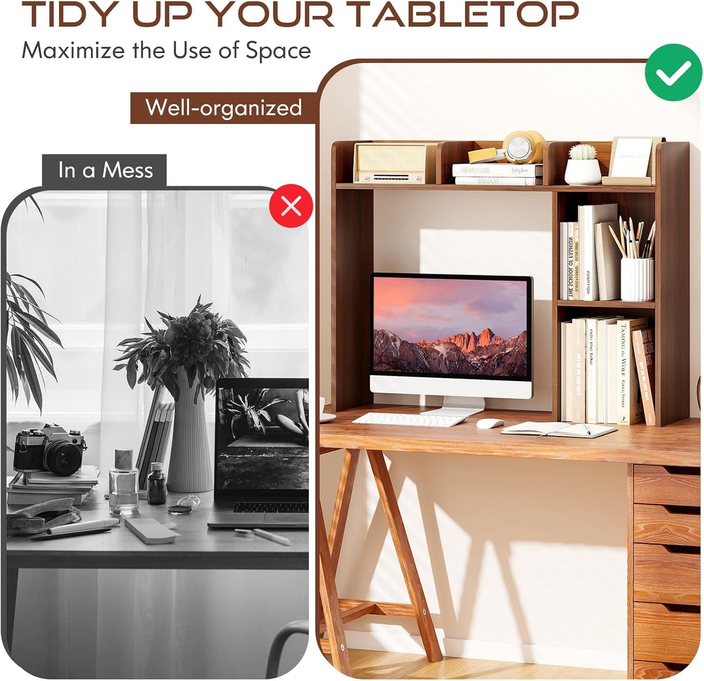 Tangkula Desktop Bookshelf, Countertop Storage Hutch with 5 Shelves for Computer Desk, Desk 3-Tier Display Rack, Multipurpose Wood Desktop Hutch Storage Organizer for Dorm Office Home
