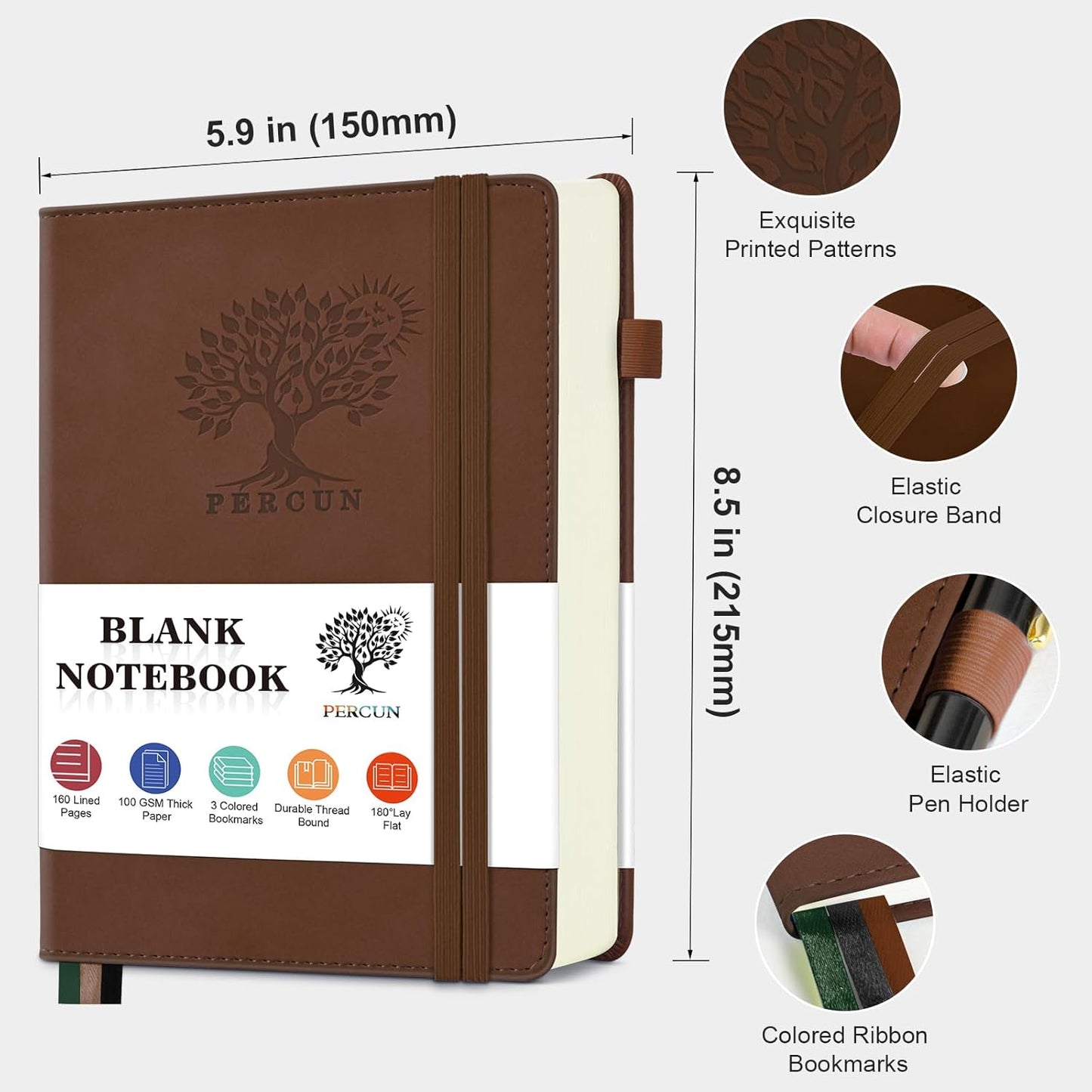 PERCUN Graph Paper Notebook, 160 Pages Grid Journal for women & men, A5 Hardcover Leather Graphing Notebook for School, Work, Travel, Note Taking 5.9”x8.5” (Black)