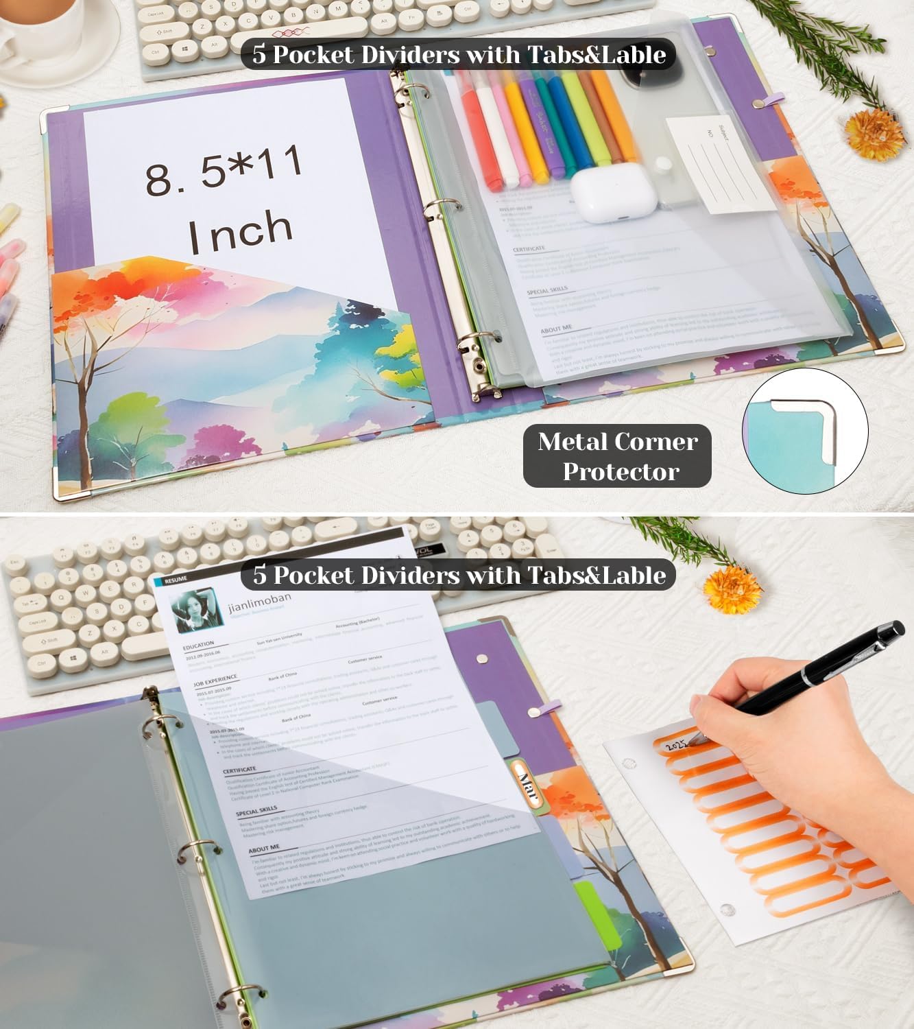 3 Ring Binder 1 Inch, Three Ring Binders Organizer with Clipboard, 5-Tabs Pockets Dividers, Plastic Folder, 18 Divider Stikers, BVSSX Pretty Binder with Pen Loop (Black Weeds, Letter Size)