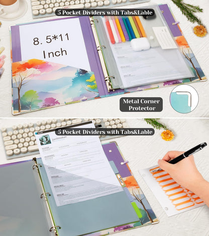 3 Ring Binder 1 Inch, Three Ring Binders Organizer with Clipboard, 5-Tabs Pockets Dividers, Plastic Folder, 18 Divider Stikers, BVSSX Pretty Binder with Pen Loop (Black Weeds, Letter Size)