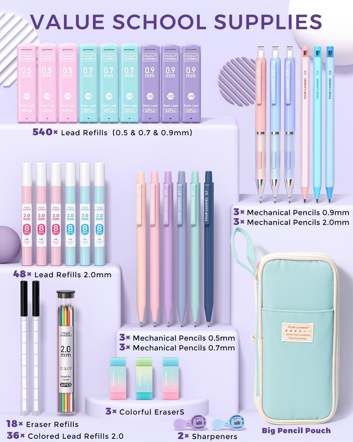 Four Candies 42PCS Aesthetic School Supplies, Mechanical Pencil Set 0.5mm, 0.7mm, 0.9mm, 2.0mm with 696 Lead Refills, Pastel Mechanical Pencils for Writing, Drawing & Drafting (Cream)