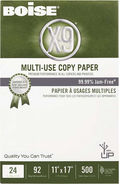 Boise X-9 Multi-Use Printer & Copy Paper, 5 Reams, White, Ledger (11in x 17in), 2500 Sheets Per Case, 20 Lb, 92 Brightness