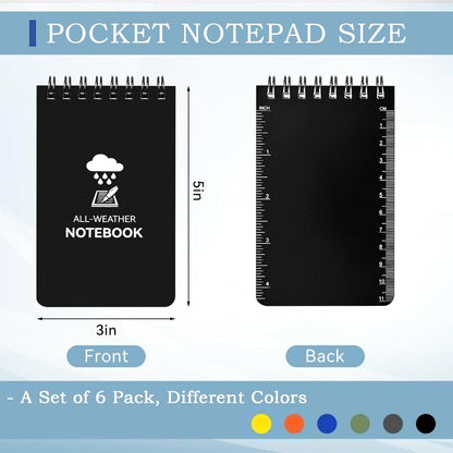 COIDEA 6 Pack Waterproof Notebook, 3 x 5 Pocket Notepad, Top-Spiral Weatherproof NotePad, All Weather Police Pocket Notebook Little Memo Steno Note Pads for Outdoor Office School Recording