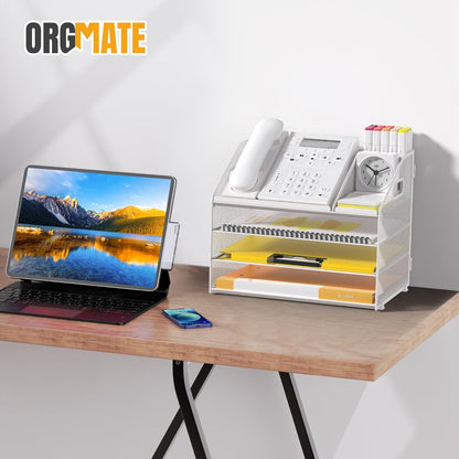 Letter Tray Paper, 4 Tier Desk Organizer with Pen Holder and Handle Mesh File Organizer Paper Sorter Metal Desktop Document Shelf for Office Home Classroom -Black