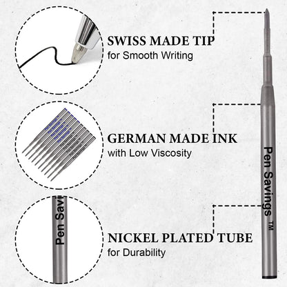 10 Pack, Pen Savings Ballpoint Pen Refills Compatible with Montblanc Twist Style Ballpoint Pens, Medium Point (Bulk Packed) (Blue)