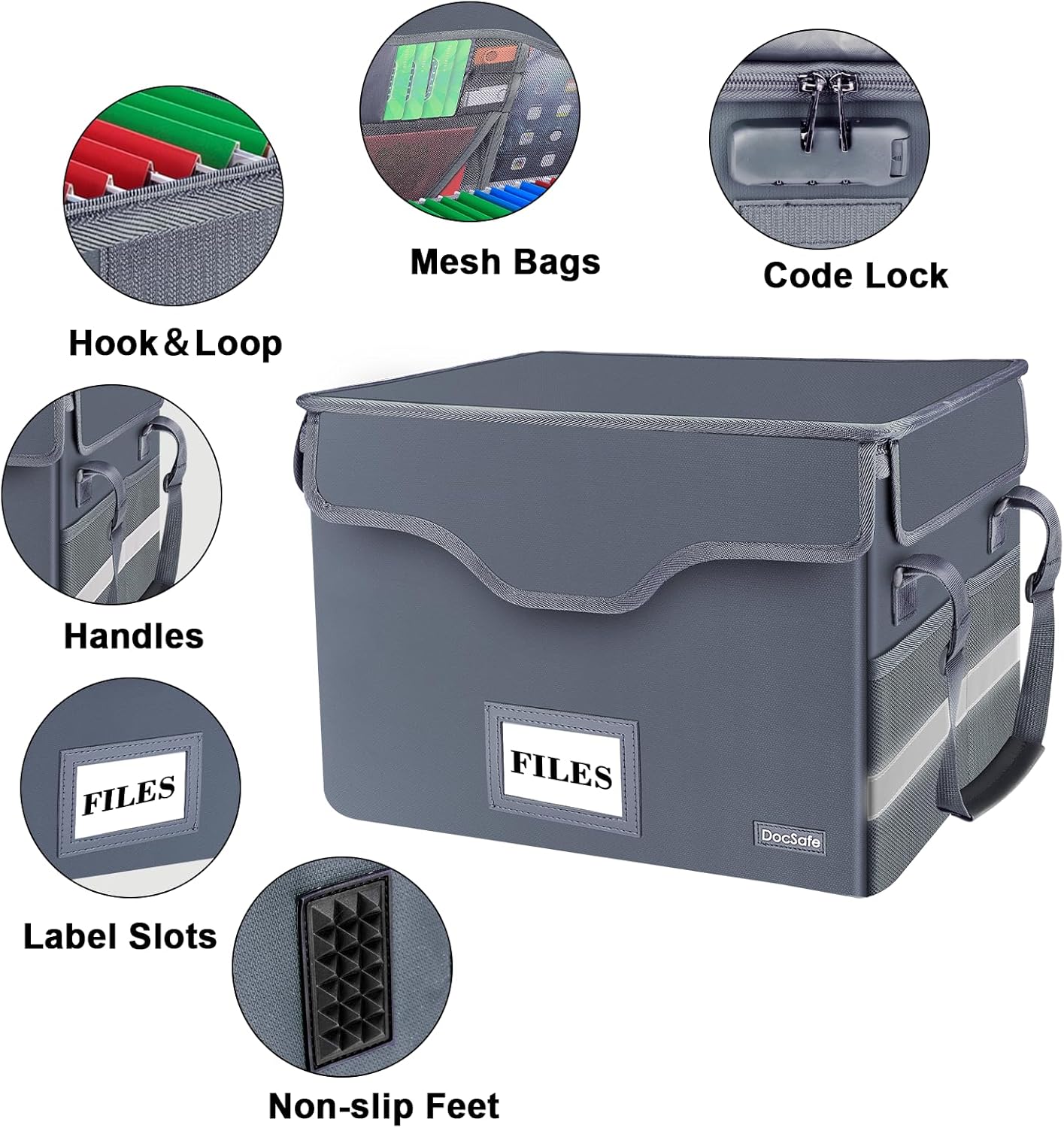 DocSafe Fireproof Document Box with Lock, File Storage Organizer with Mesh Pockets, Collapsible Portable File Box Home Office Safe Filing Cabinet with Handle for Hanging Letter/Legal Folder, Black