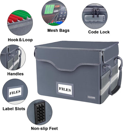 DocSafe Fireproof Document Box with Lock, File Storage Organizer with Mesh Pockets, Collapsible Portable File Box Home Office Safe Filing Cabinet with Handle for Hanging Letter/Legal Folder, Black