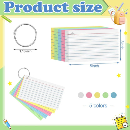 Colored Index Cards 3x5 Inch Heavyweight Flash Cards with Ring Lined Flashcards Note Cards for Studying School Supplies College, 200 Count