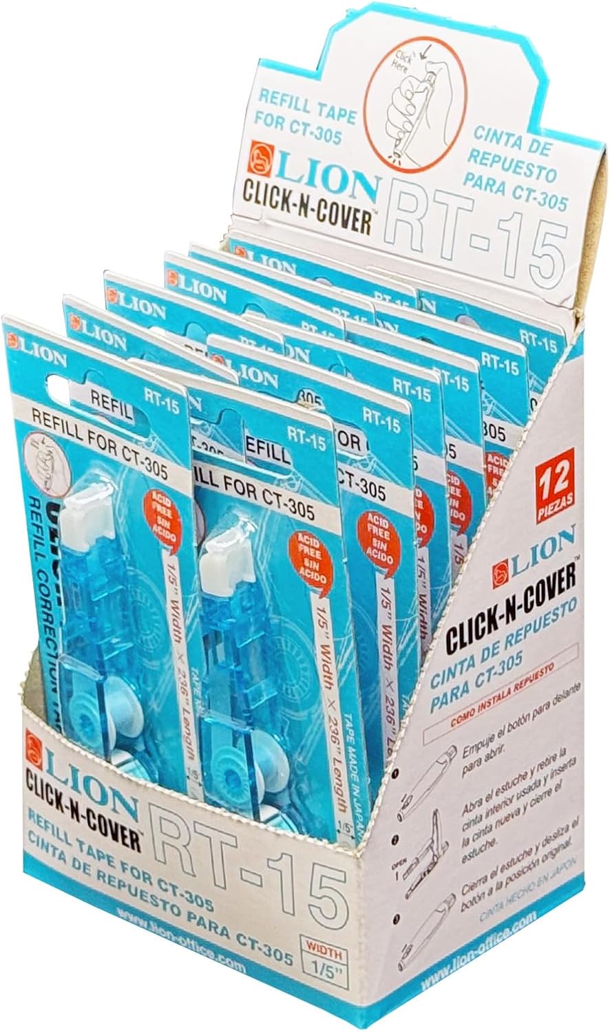 LION CLICK-N-COVER Refillable Correction Tape, Retractable Tip, 1/5" wide and 236" long, Acid-Free, 1 ea. (CT-305)