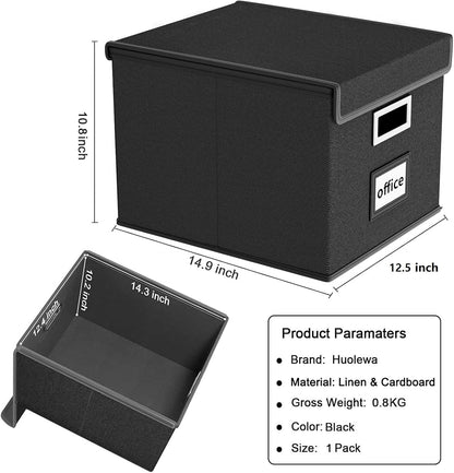 Huolewa Upgraded Portable File Organizer Box with Lid, Collapsible Linen Hanging Filing Storage Boxes with Plastic Slides, Decorative Home/Office Filing System Box for File and Folders Storage (Gray)
