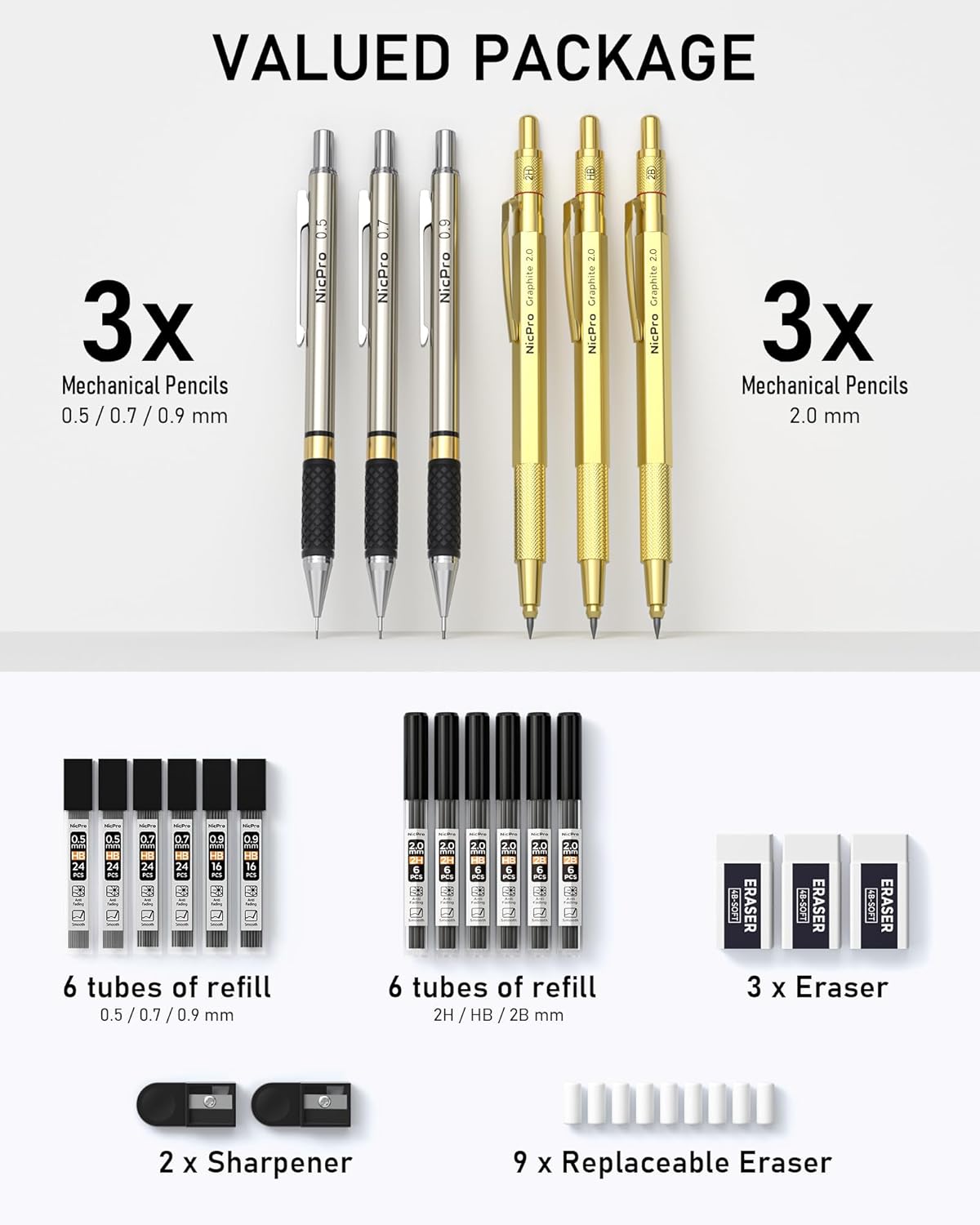 Nicpro 6PCS Art Mechanical Pencil Set, 3PCS Metal Drafting Pencil 0.5 mm & 0.7 mm & 0.9 mm & 3PCS 2mm Graphite Lead Holder (2B HB 2H) For Writing, Sketching Drawing With Lead Refills Case