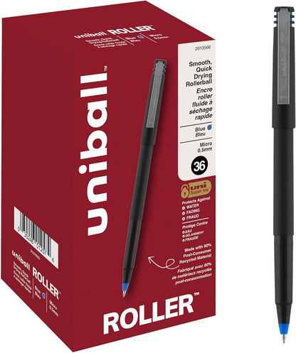 uniball Roller Rollerball Pens, Micro Point (0.5mm), Blue, 12 Pack