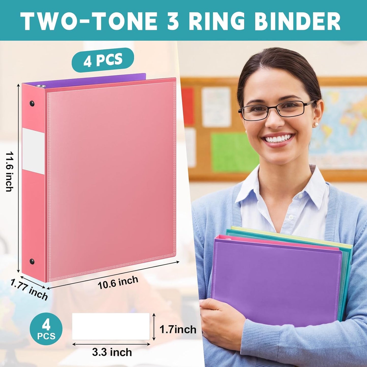 Henoyso 4 Pack Plastic Two-Tone View 3 Ring Binder, 1 Inch Round Ring Binder with Four Inner Pockets, Heavy Duty View Binders for School and Office, Pink, Teal, Purple and Lime (Clear Font Pocket)
