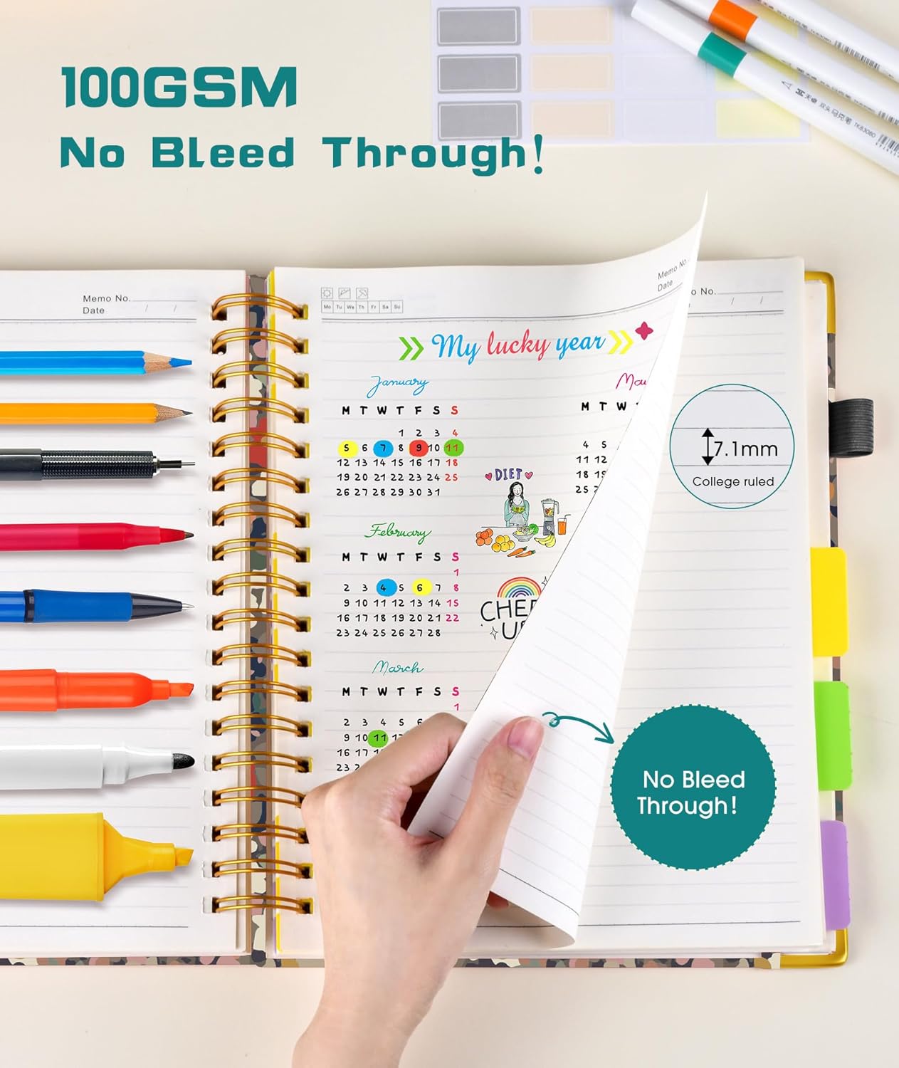 Hardcover Spiral Notebook Journal with Removable Dividers Tabs, 300 Pages Leather 5 Subject Notebook College Ruled, 8"x10" Large B5 Notebooks for Work School Note taking, Lined Journal for Women, Pink