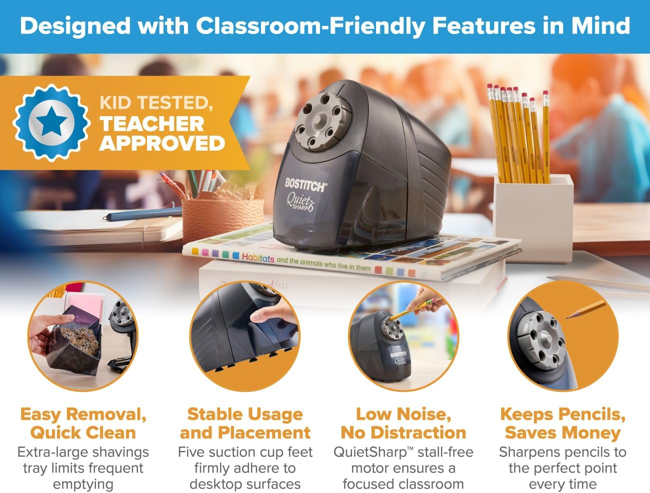 Bostitch Office QuietSharp Electric Pencil Sharpener, Heavy Duty Classroom or Office Use, Size Selector with 6 Different Sizes, Blue