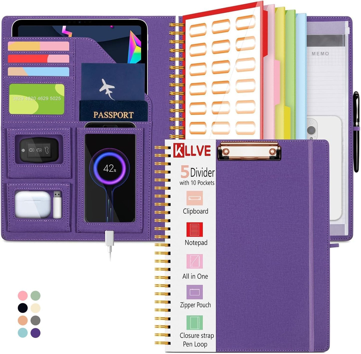 Grey Foldable Spiral Clipboard Folio with Storage Zipper Pouch, 5 Plastic Folders with Pockets,Refillable Lined Notepad (8.5" x 11"), Hardcover Project Organizer with 39 Stickers