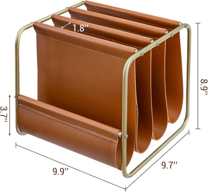 MyGift Modern Brass Tone Metal & Caramel Leatherette Desktop Folder Holder – Office Mail Sorter Organizer for Desk, Letters, Files, and Documents