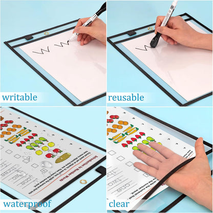 Ndsox 50 Packs Oversized Dry Erase Pockets Reusable Plastic Sleeves Clear Job Ticket Holders Heavy Duty Transparent Hanging Sheet Protectors for Teacher Classroom School Office Work Warehouse, Black