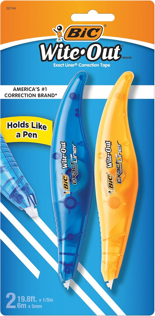 BIC Wite-Out Brand Exact Liner Correction Tape, 19.6 Feet, White, Fast, Clean and Easy to Use Tear-Resistant Tape, 2-Count