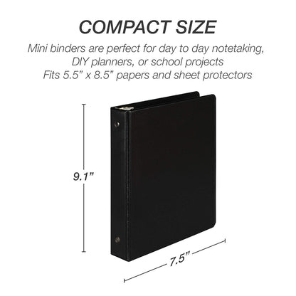 Samsill Economy 3 Ring Mini Binder, 1-Inch Round Ring Binder, Holds 100 Sheets, Black, 6 Pack (MP32300)