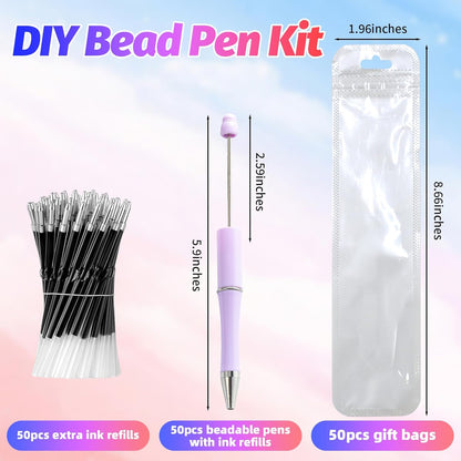 150 Pieces DIY Beadable Pen Kit – 50 Plastic Ballpoint Pens with Refills & Bags, Beads Not Included – School Supplies, Office Accessories & Craft Gifts for Students & Teachers (Multicolor)