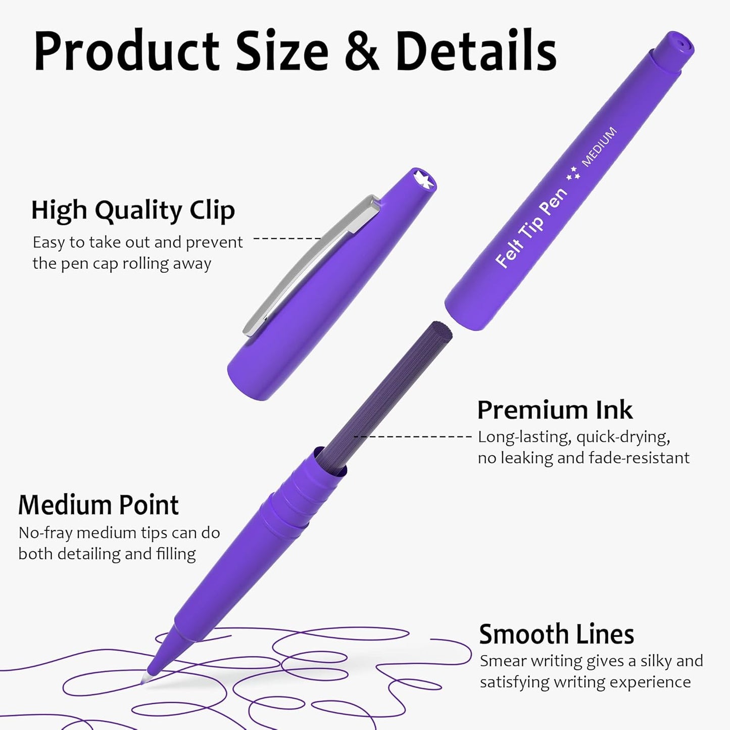 Lelix Felt Tip Pens, 30 Black Pack, 0.7mm Medium Point, Felt Tip Markers Pens for Journaling, Writing, Note Taking, Planner, Perfect for School Office and Art Supplies